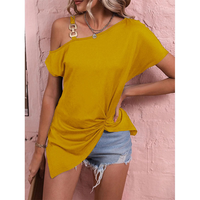 Summer Shoulder Buckle Short Sleeve T-shirt Top - Amazhona 