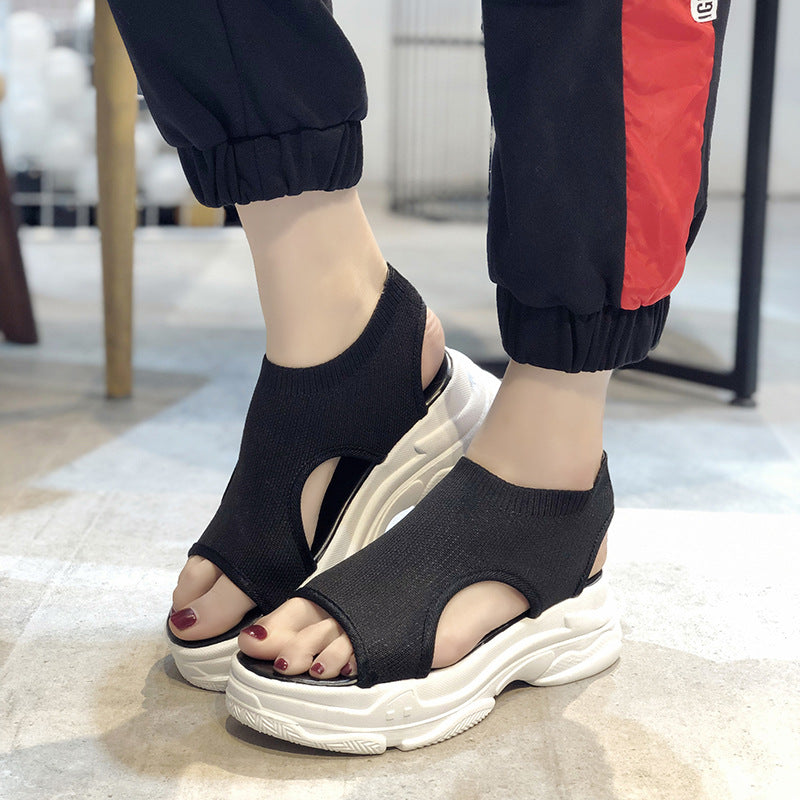 Flying Woven Sandals Women's New Summer Flat-Bottomed Style Comfortable Elastic Thick-Soled Sports Fish Mouth Shoes Large Size Factory - Amazhona 