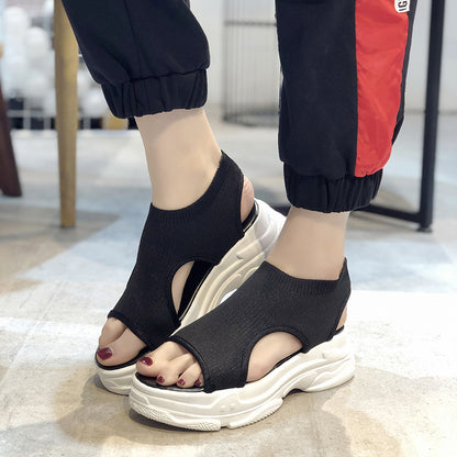 Flying Woven Sandals Women's New Summer Flat-Bottomed Style Comfortable Elastic Thick-Soled Sports Fish Mouth Shoes Large Size Factory - Amazhona 