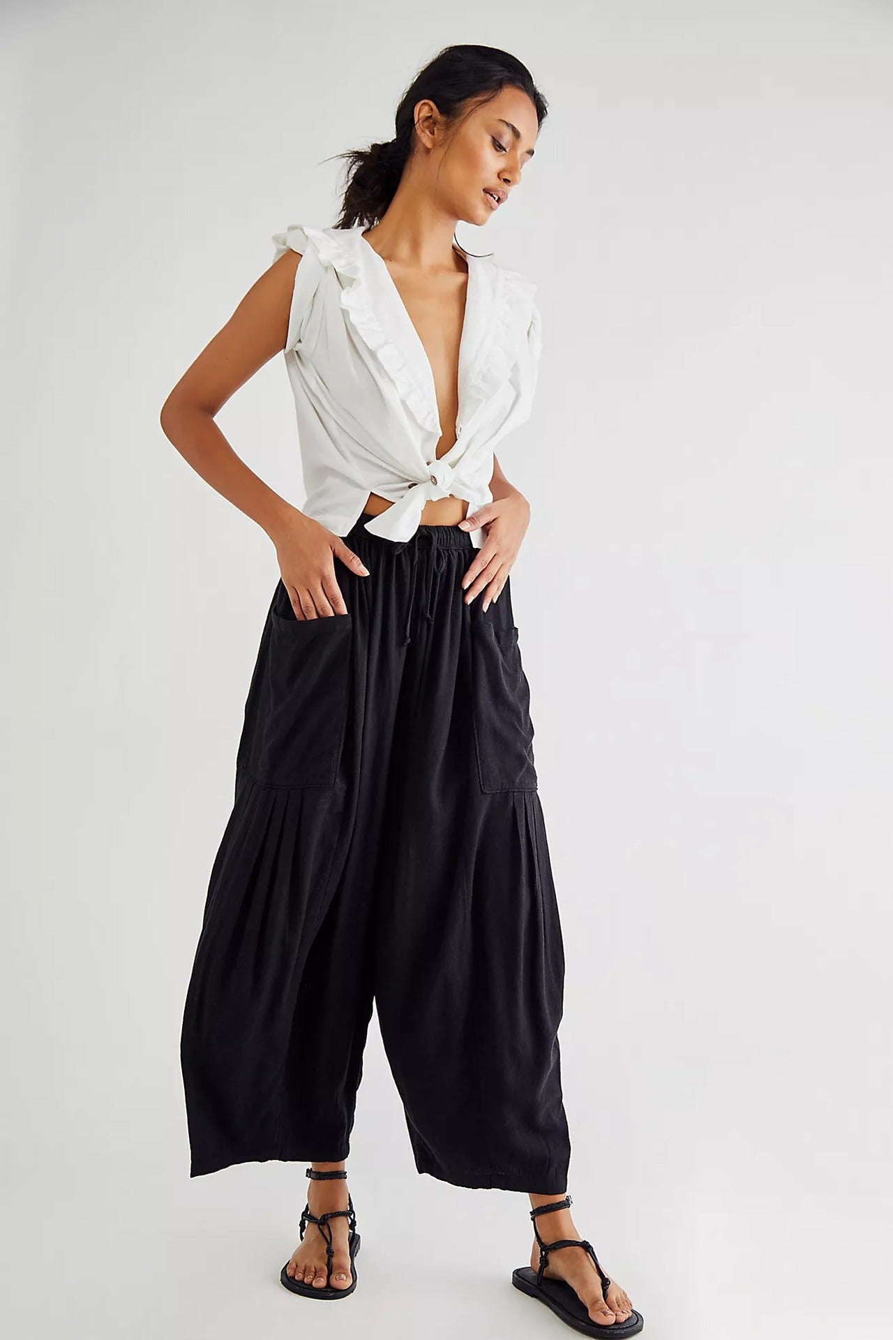 Elastic Waist Pleated Wide Leg Pants High Waist - Amazhona 