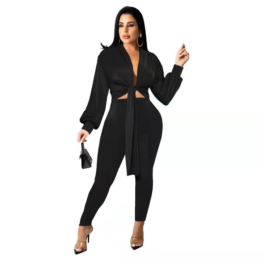 New Solid Color Tie Long Sleeve Women's Two-piece Set - Amazhona 