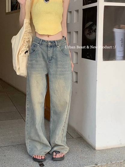 Retro Nostalgic Washed Loose Raw Hem Wide Leg Jeans