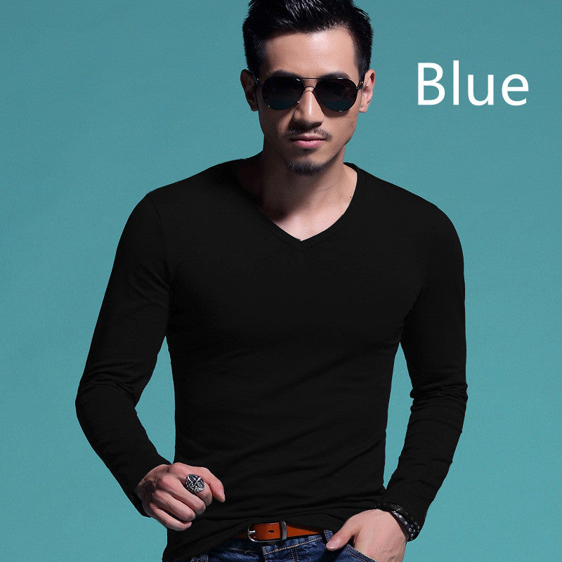 Men's Slim V-neck Bottoming Shirt Solid Color T-shirt - Amazhona 