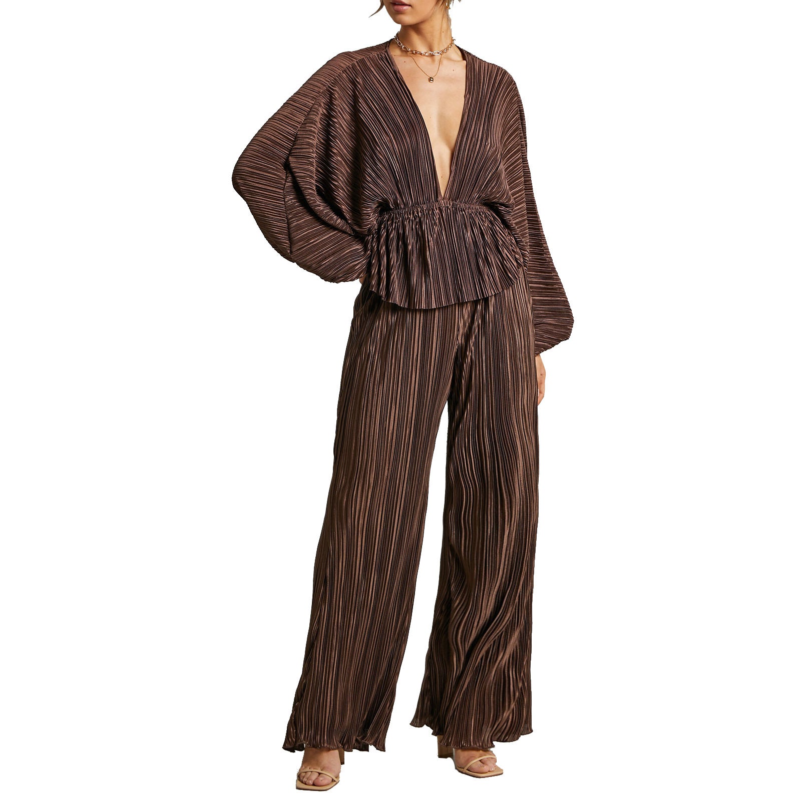 Women's New High Elastic Pleated Waist Deep V Casual Wide-leg Pants Two-piece Set - Amazhona 