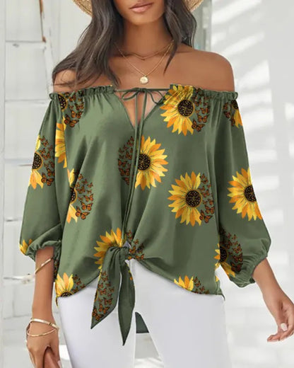 Sexy Off Shoulder Printed Chiffon Shirt Women Fashion Tied Detail Long Sleeve Pullover Tops Street Vintage Lady Blouse - Amazhona 