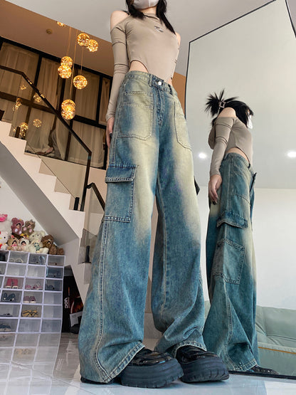 American Workwear Pocket Wide Leg Denim Straight-leg Pants Women