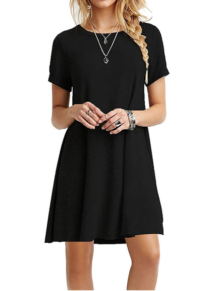 Women's Fashion Solid Color Round Neck Short Sleeve Dress