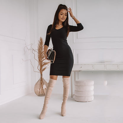 Fashion Solid Color Slim Long-sleeved Knitted Dress - Amazhona 