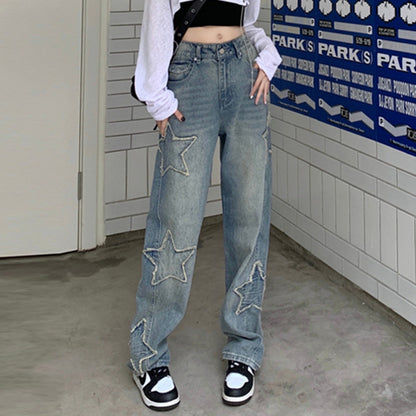 Embroidery Stitching High Waist Straight Pants Jeans