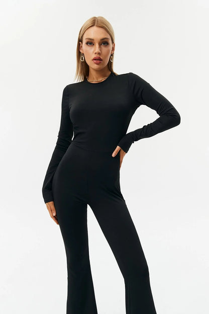 Long-sleeved Open-back Slim-fit Straight-leg Jumpsuit - Amazhona 