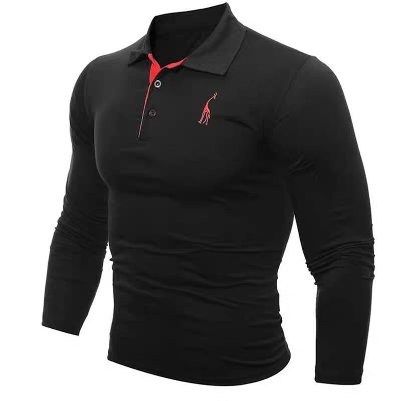 Embroidered Deer Digital Polo Collar Men's Long Sleeve - Amazhona 