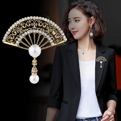 Elegant Graceful Rhinestone Pearl Vintage Fan Brooch Cheongsam Coat Accessories - Amazhona 