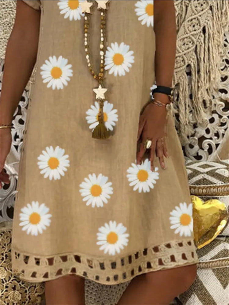 Fashion Sunflower Print Short Sleeve V-Neck Dress - Amazhona 