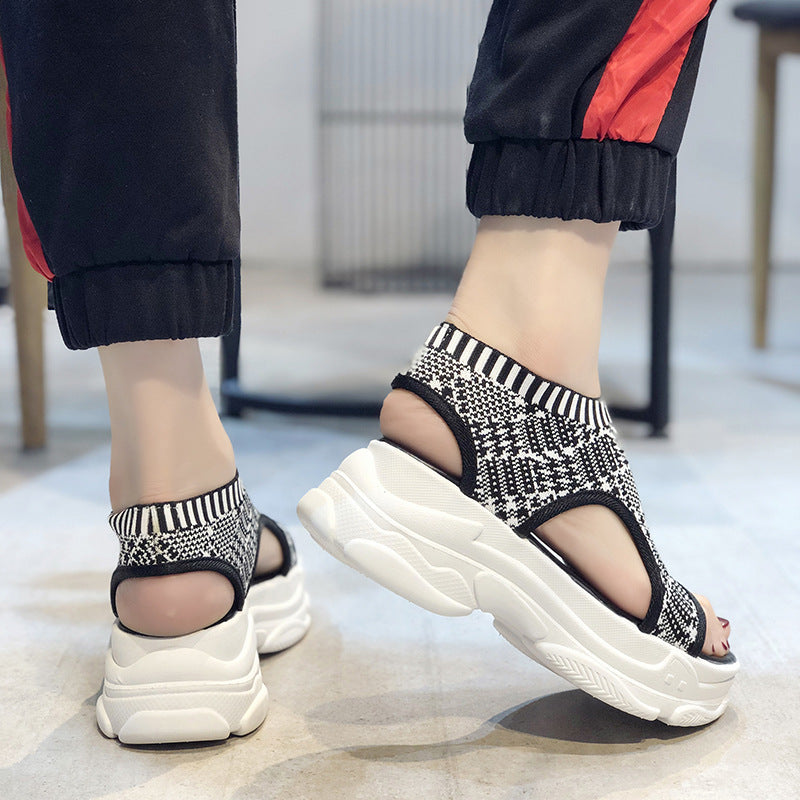 Flying Woven Sandals Women's New Summer Flat-Bottomed Style Comfortable Elastic Thick-Soled Sports Fish Mouth Shoes Large Size Factory - Amazhona 