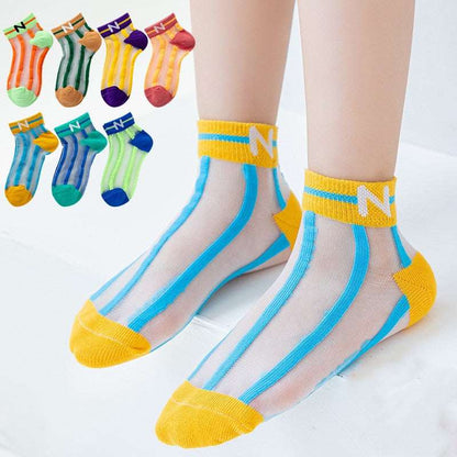 Children's Socks Summer Thin Section Girls Rainbow Vertical Bar Crystal Stockings - Amazhona 