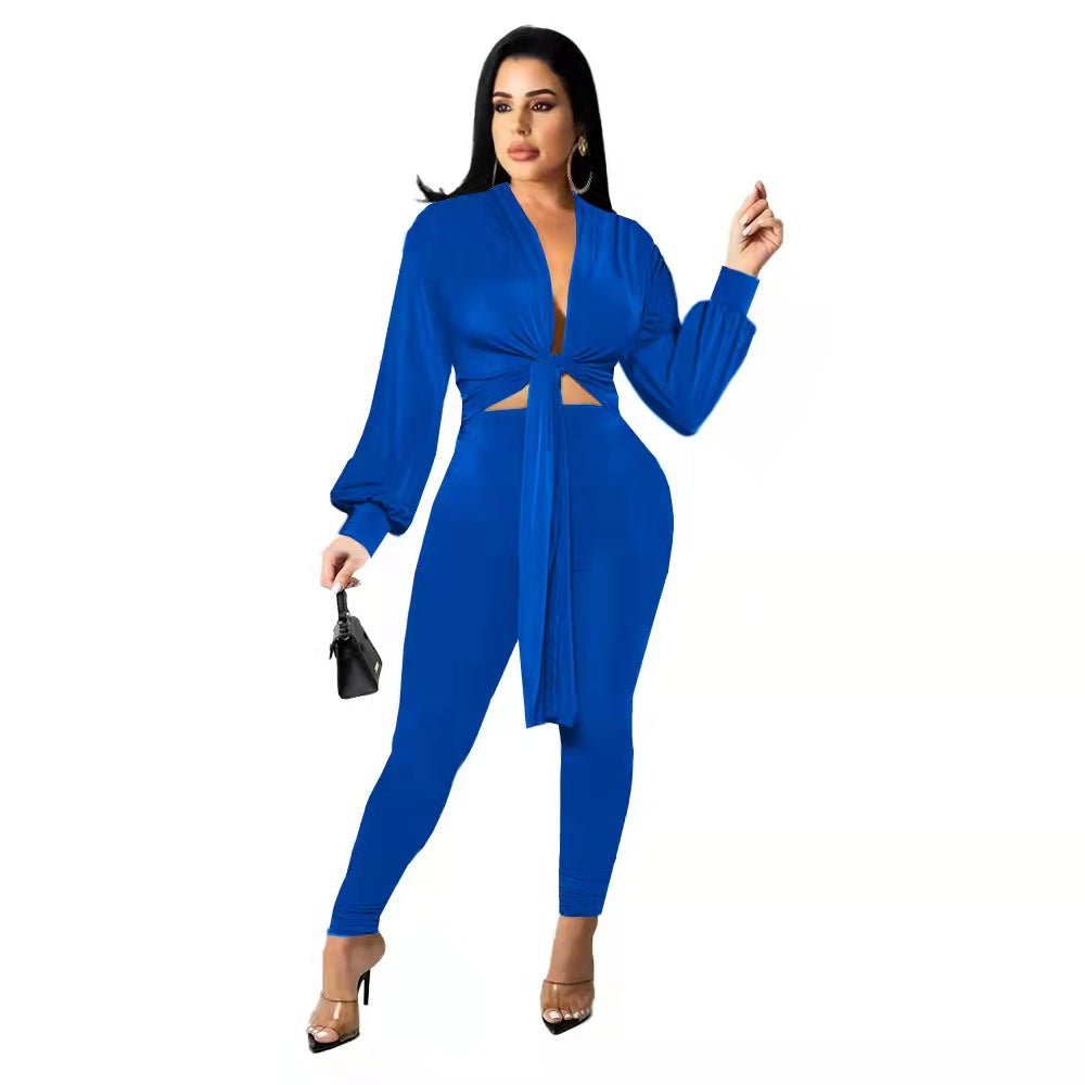 New Solid Color Tie Long Sleeve Women's Two-piece Set - Amazhona 