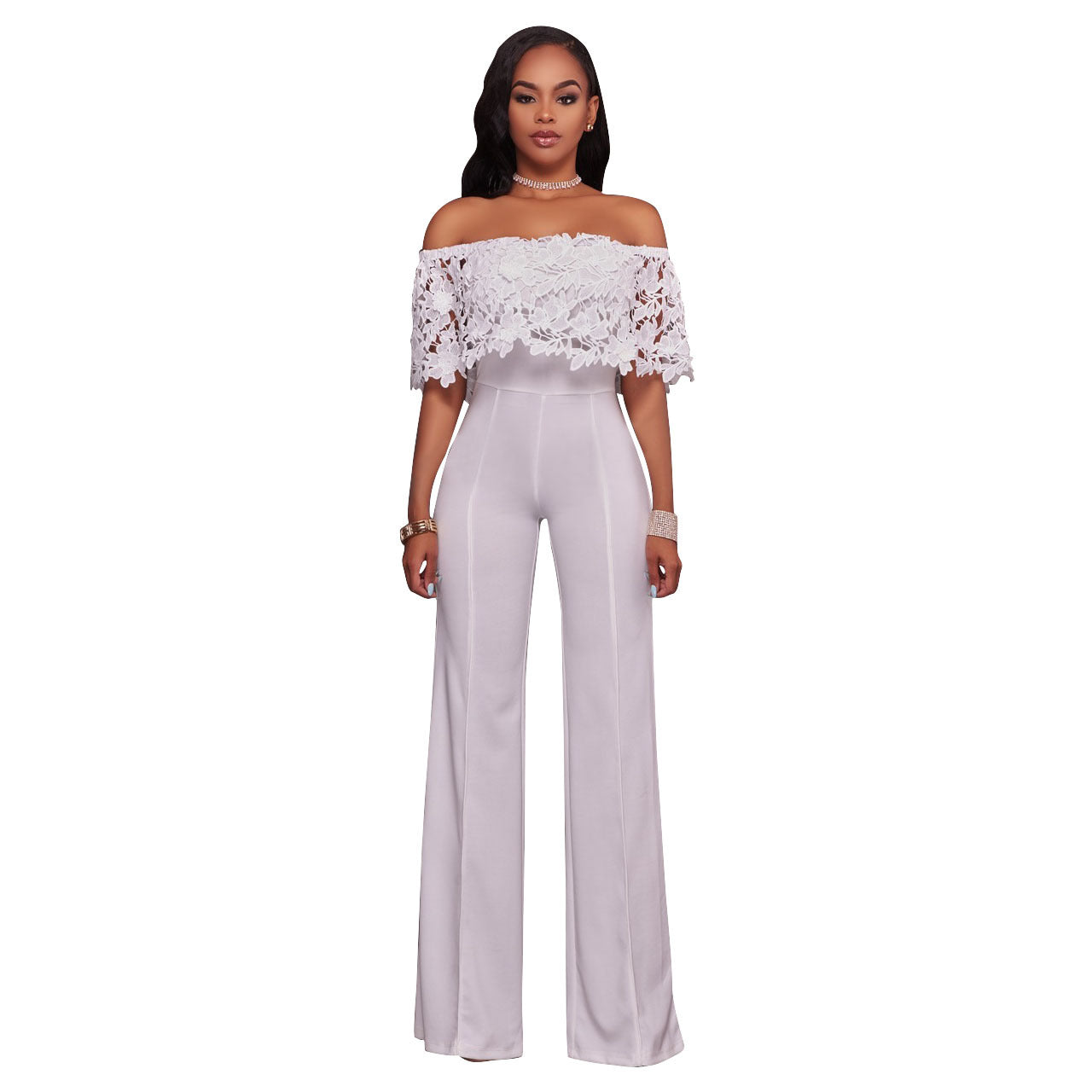 Sexy Tight One-neck Water-soluble Embroidered Jumpsuit - Amazhona 