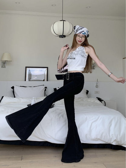 American Retro Black Autumn Belt Slim Straight Slightly Flared Mop Trousers