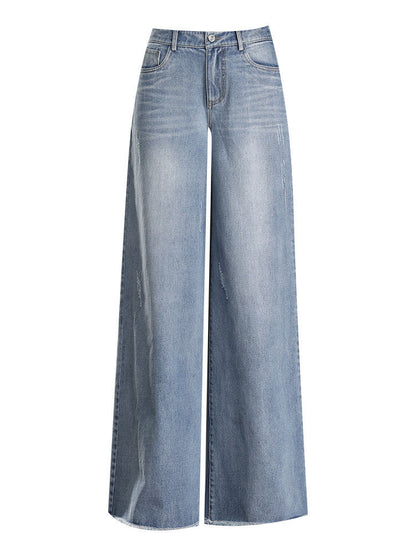 Raw Hem Wide Legs Jeans For Women Baggy Straight Trousers