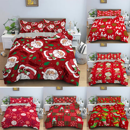 Red Cartoon Santa Claus Three-piece Digital Printing Bedspread - Amazhona 