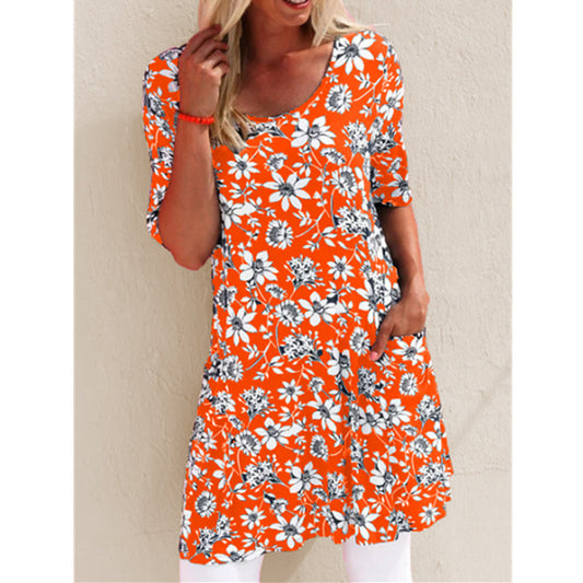 Summer Fashion Printed Loose Short Sleeve Pocket Dress Floral Dress - Amazhona 