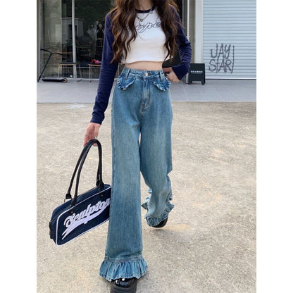 Bootleg Pants High Waist Jeans Women's Retro Loose Wide Leg