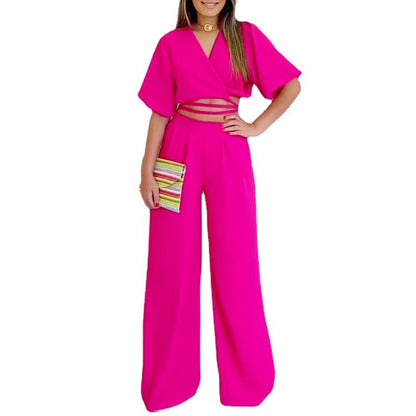 Solid V-neck Shirt High Waisted Wide Leg Pants Set - Amazhona 