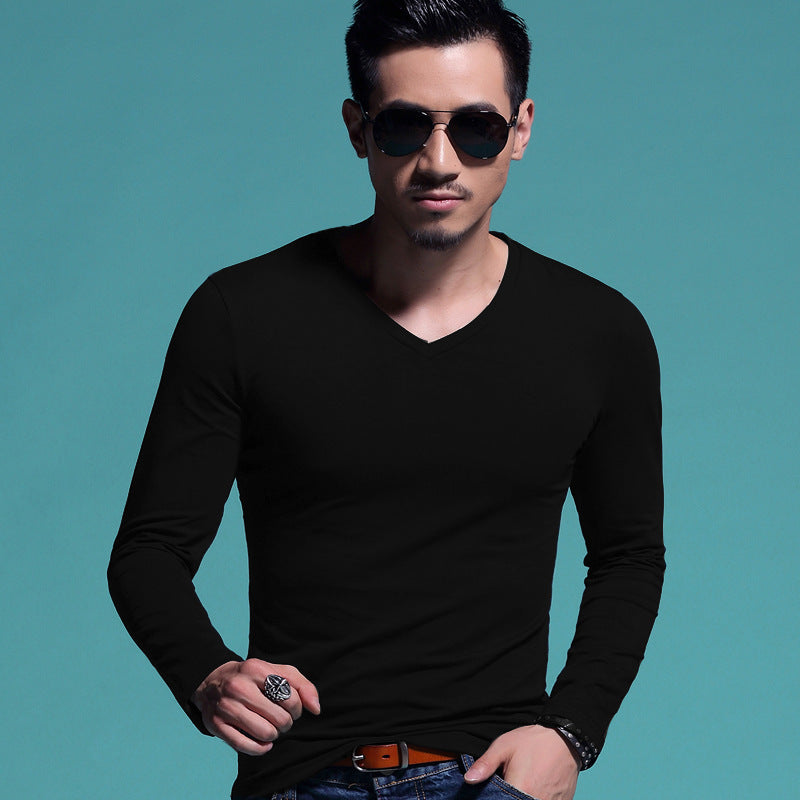 Men's Slim V-neck Bottoming Shirt Solid Color T-shirt - Amazhona 