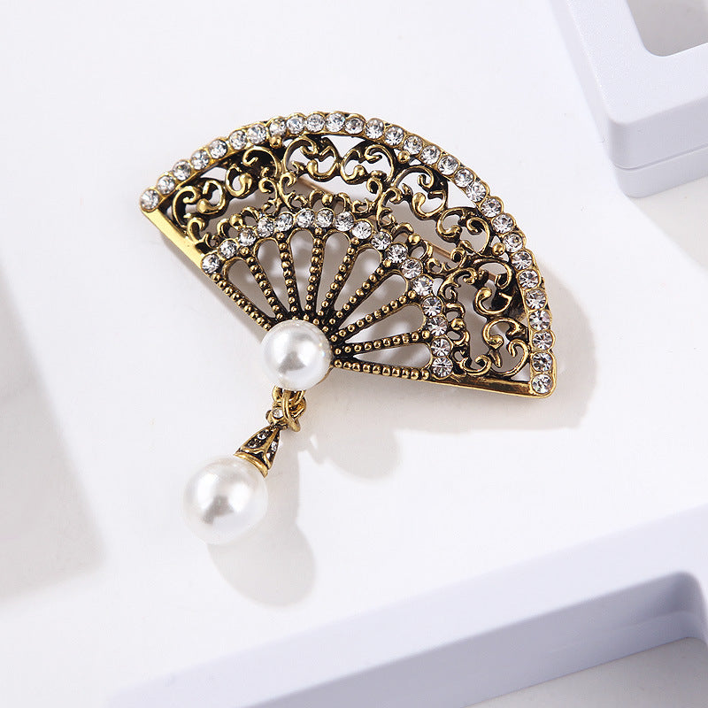 Elegant Graceful Rhinestone Pearl Vintage Fan Brooch Cheongsam Coat Accessories - Amazhona 