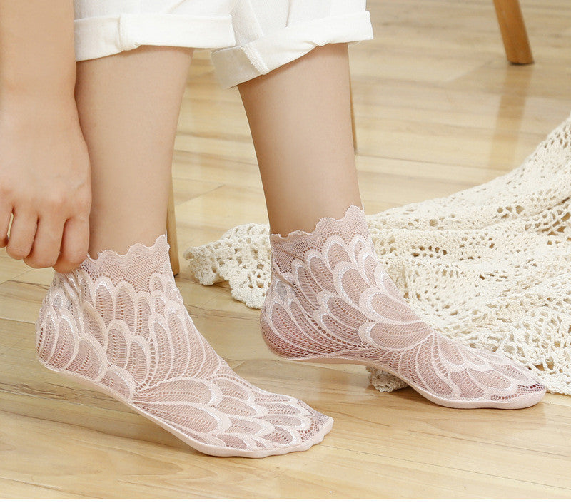 Socks Women Short Cute Solid Color Cotton Bottom Breathable In Tube Mesh Lace Lace - Amazhona 