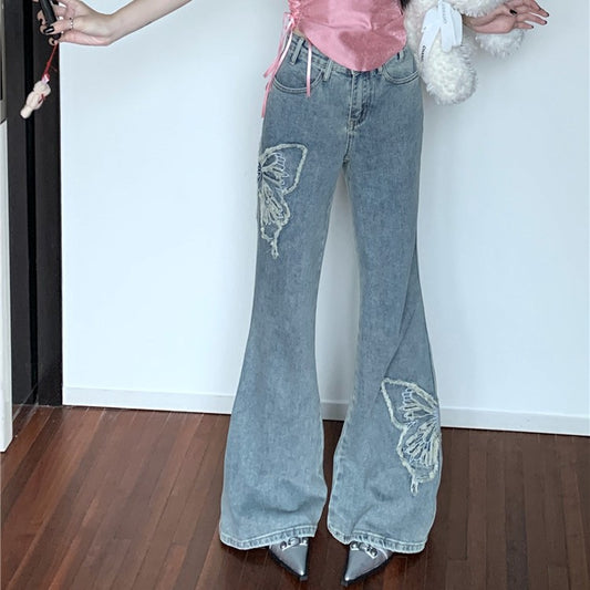 Distressed Low Waist Slightly Wide-leg Pants Mop Trousers