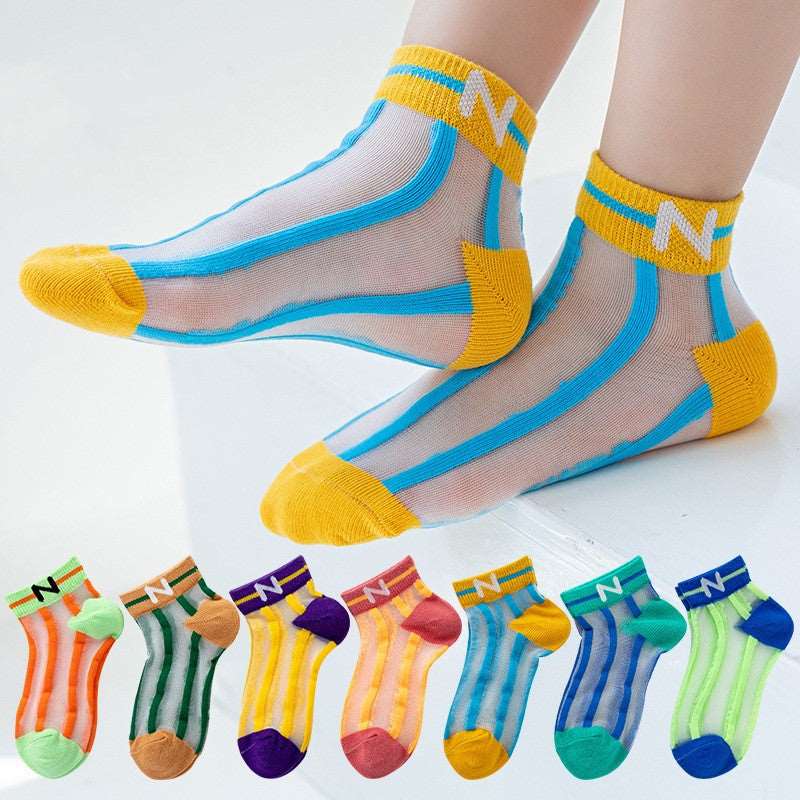 Children's Socks Summer Thin Section Girls Rainbow Vertical Bar Crystal Stockings - Amazhona 