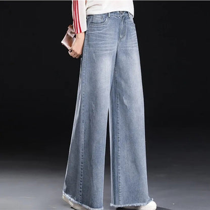 Raw Hem Wide Legs Jeans For Women Baggy Straight Trousers