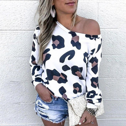 Fashion Leopard Print Sexy Long Sleeve Off Shoulder Top T Shirt - Amazhona 