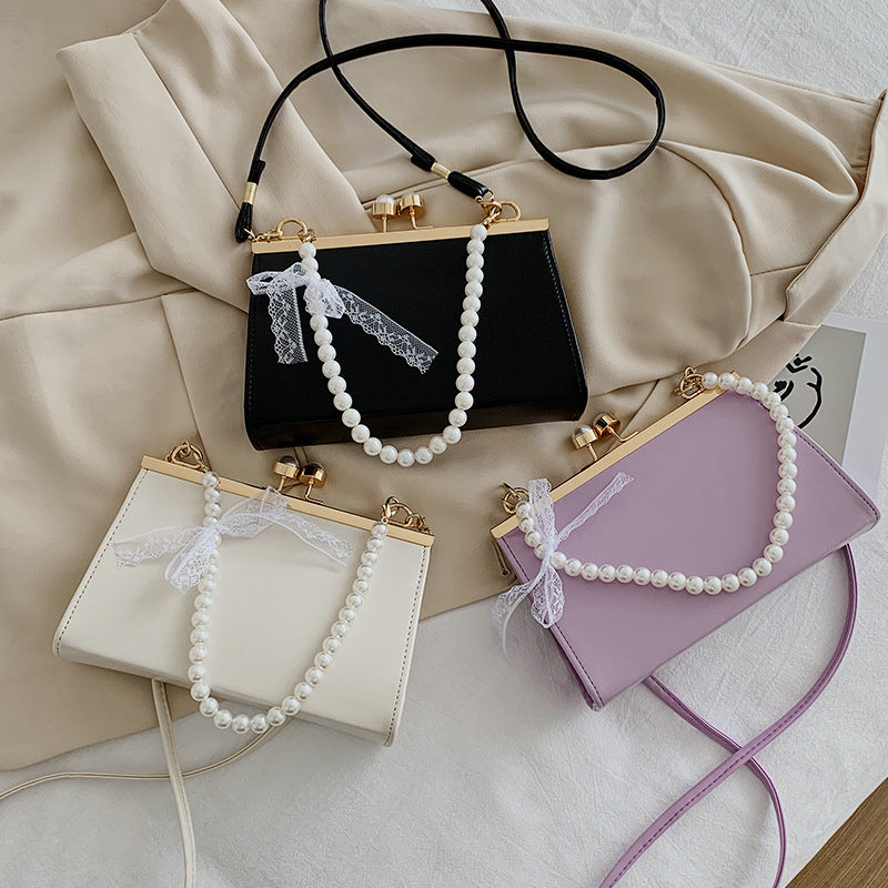 Summer Retro Leather Small Square Bag, Pearl Clip, Shoulder Messenger Bag, Simple Style Handbag - Amazhona 