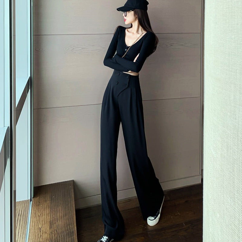 Women's Trousers High Waist Solid Color Loose Straight Wide Leg Pants