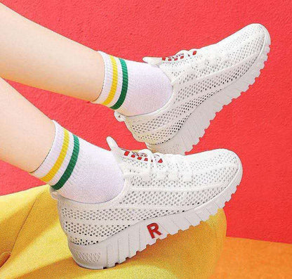 Ladies Casual Mesh Breathable White Shoes Lace Up Platform Shoes - Amazhona 