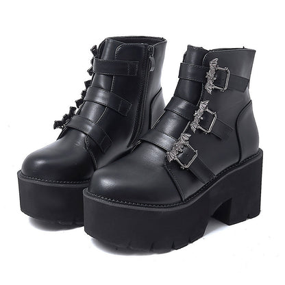 Lady Japanese Harajuku Punk Bat Buckle Gothic Style Short Boots - Amazhona 