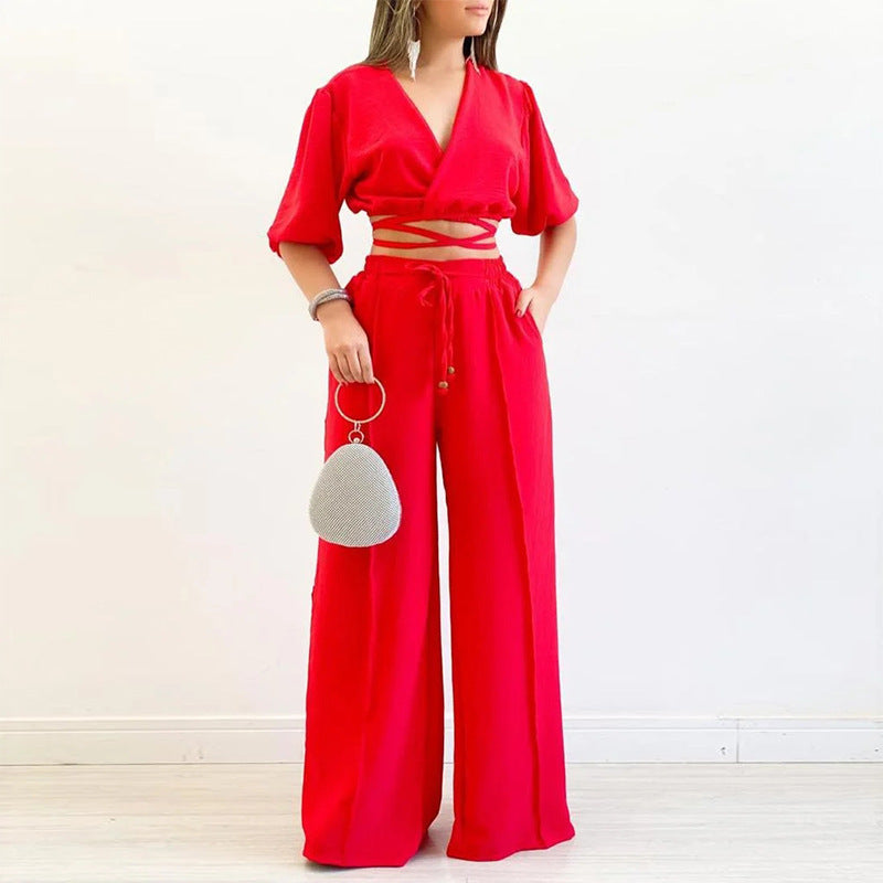 Solid V-neck Shirt High Waisted Wide Leg Pants Set - Amazhona 