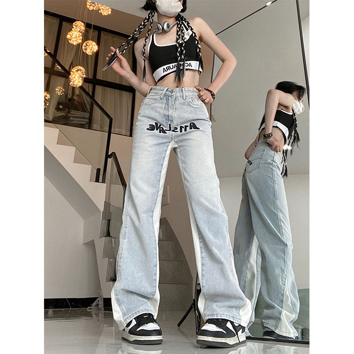 High Street Embroidery Stitching Jeans Women's Straight Slimming