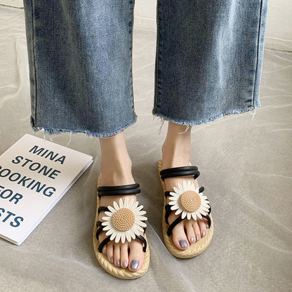 All-match Outer Wear Student Fairy Style Flat Sandals And Slippers With Small Wrinkle Chrysanthemum - Amazhona 