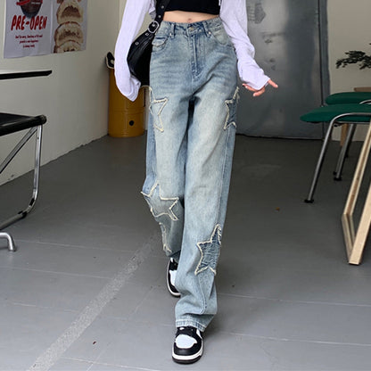 Embroidery Stitching High Waist Straight Pants Jeans