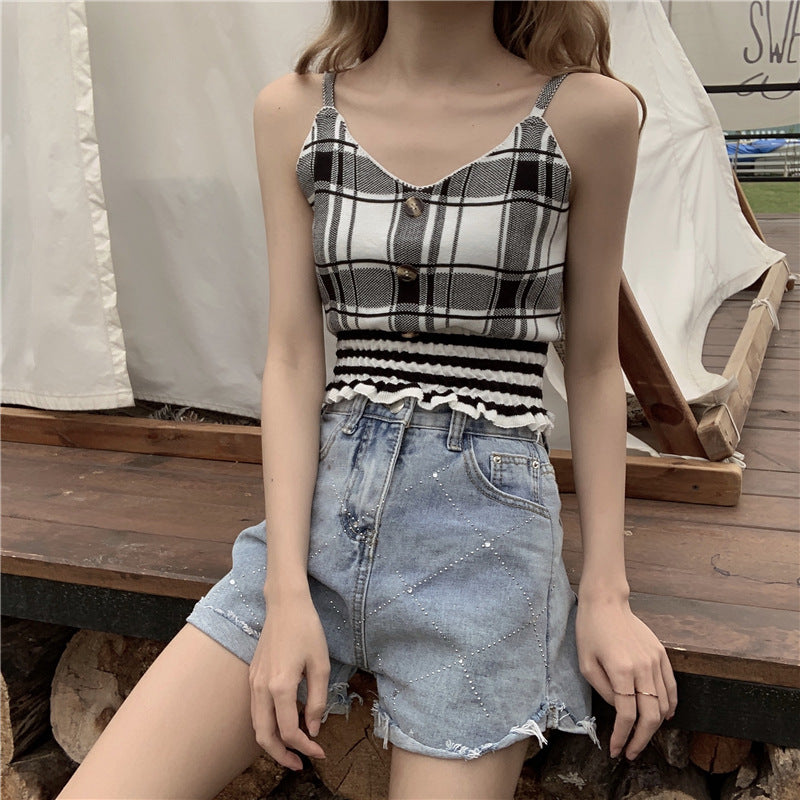 Thin Sleeveless Sleeveless Inner Top Plaid Base Shirt - Amazhona 