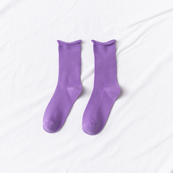 Women's Mid-tube Socks Thin Candy Color Rolled Edge Cotton - Amazhona 