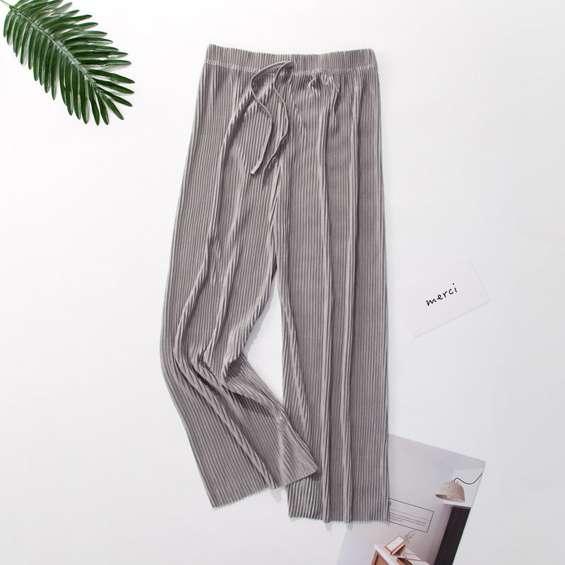 Pleated wide-leg pants trousers high waist vertical spring and summer new loose casual pants chiffon trousers ice silk nine points pants - Amazhona 