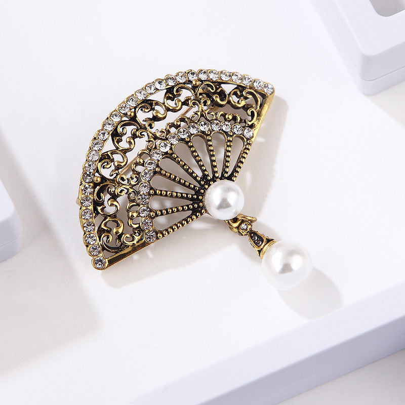 Elegant Graceful Rhinestone Pearl Vintage Fan Brooch Cheongsam Coat Accessories - Amazhona 