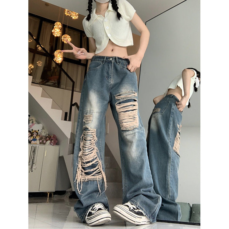 Fashion Holes Jeans Women's Retro High Waist