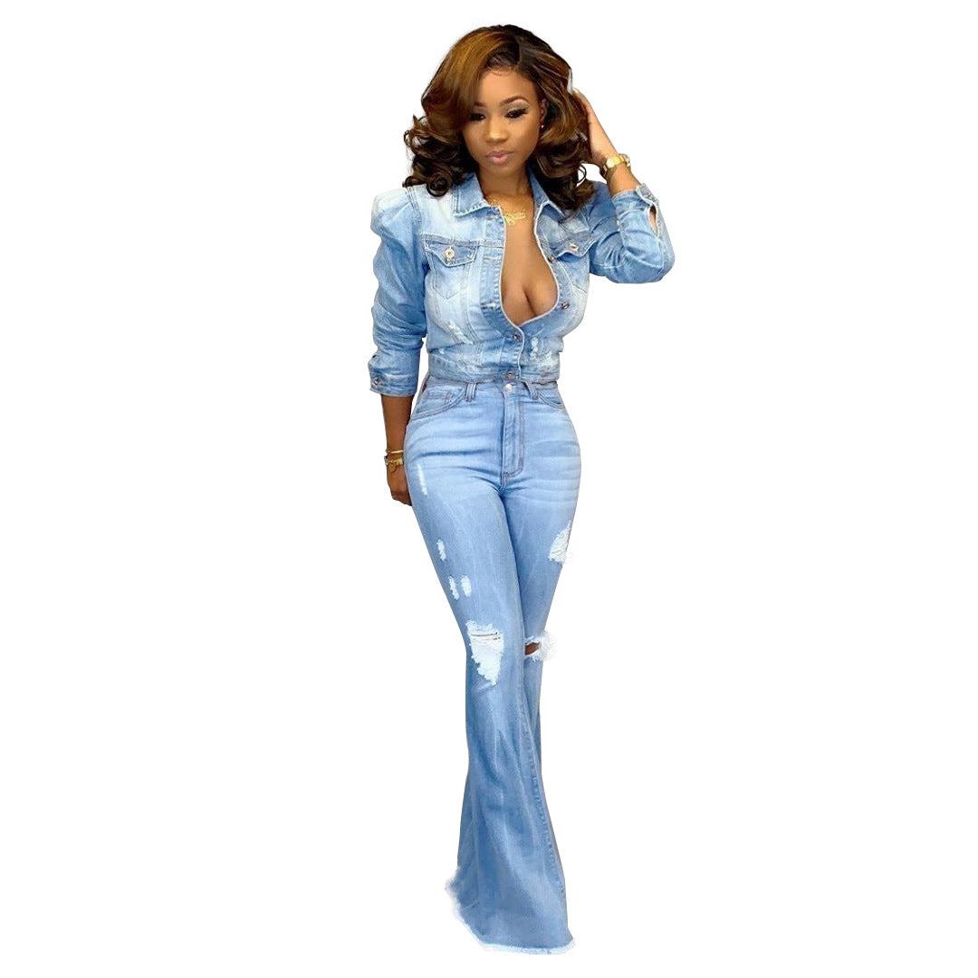 European And American Fashion All-match Wide-leg Washed Hole Denim Stretch Flared Pants - Amazhona 