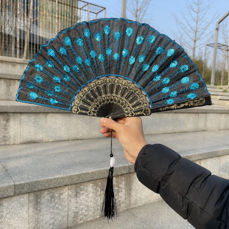 Peacock Feather Folding Fan Embroidery Black Rod - Amazhona 