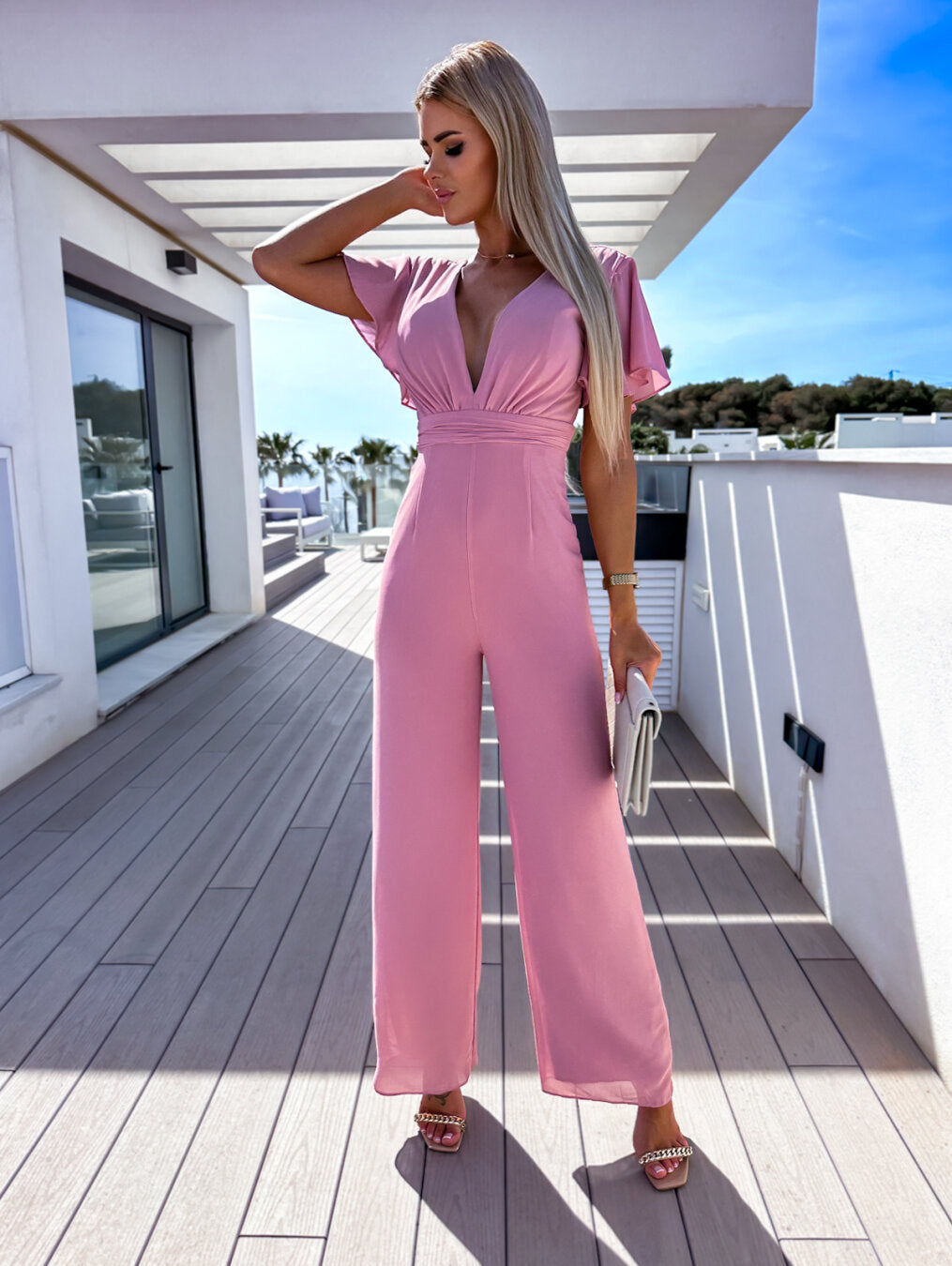 Women's One-piece Deep V High Waist Wide Leg Trousers - Amazhona 